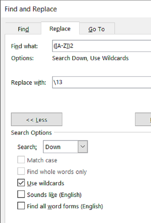 Find and Replace dialog box showing the "Find what" and "Replace with" boxes, and the "Use wildcards" option.